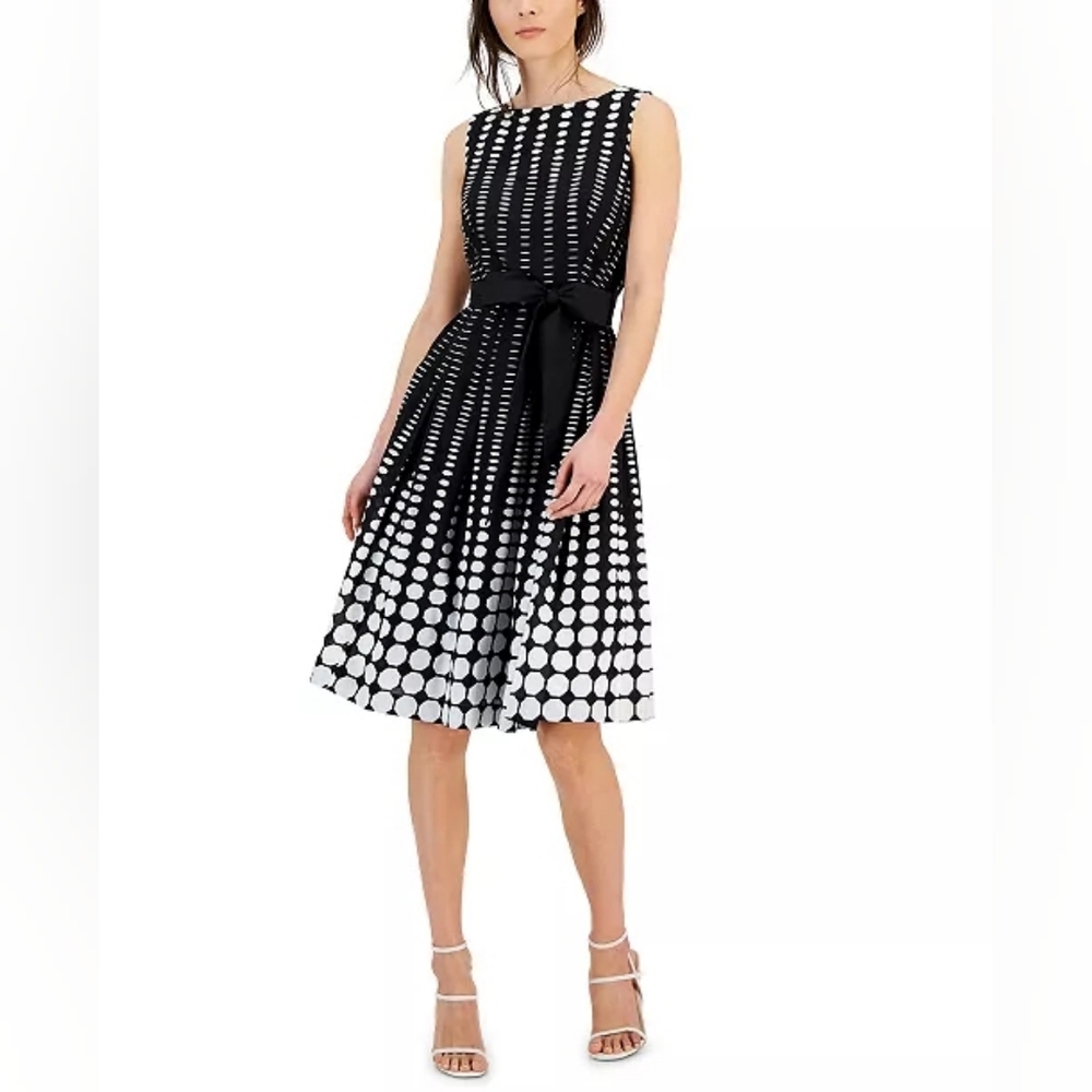Ann Klein | Cotton Dot-Print Fit & Flare Belted Midi Dress